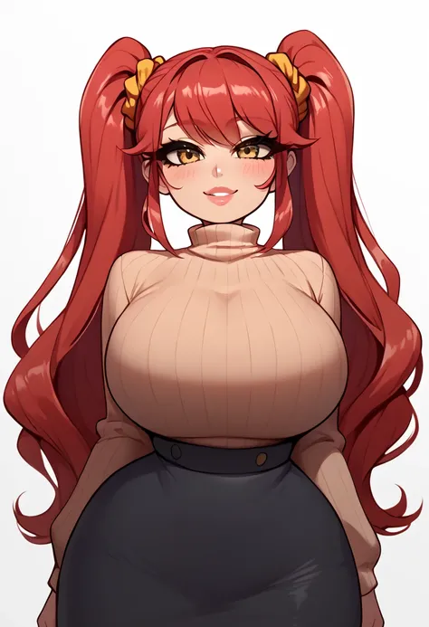 score_9, score_8_up, score_7_up, source_anime BREAK 1girl, red hair, twintails, very long hair, yellow eyes, hair scrunchie, arms at sides, turtleneck sweater, ribbed sweater, huge breasts, lips, smile, looking at viewer, blush, skirt, wide hips