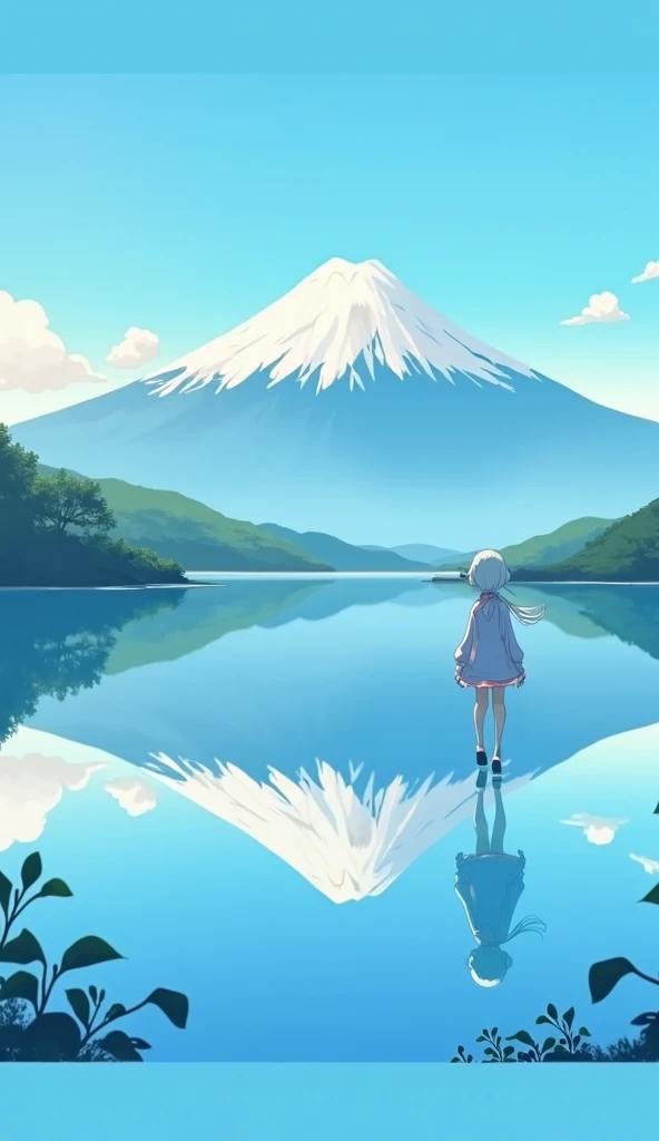  Mount Fuji、 anime style、Nice day 、湖に映る Mount Fuji、人物が Mount Fujiに向かう