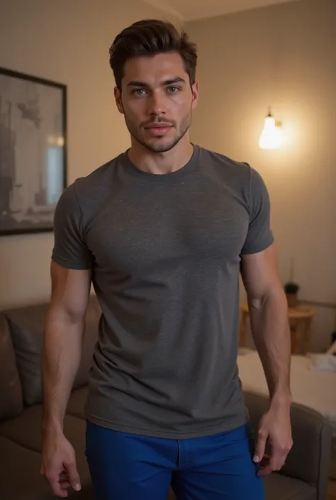 ((RAW Photo), absurd, (absurdresolution)), (Realistic) masterpiece, best quality, (Extremely detailed 8k unity CG wallpaper), (best illustration), (best shadow), Realistic lighting, beautiful detailed glow, ((21 years old)), man in gray shirt, posing for p...