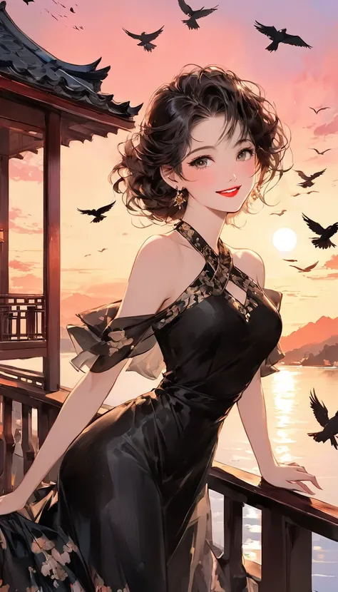  intense ink painting、 top quality、 high image quality、8k、 young and beautiful woman in my eyes、 perfect style、 Perfect face 、 like a beautiful goddess 、 Cute Pink Lips 、 long brownish black hair 、Moderate bust、 ELEGANT DRESS、  Look at Me and Laugh、 natura...