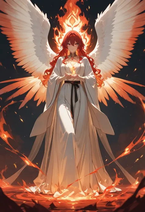 A majestic and very busty and big-assed woman with a fiery and supernatural presence. Her long, wavy hair shines like living flames, with shades ranging from deep red to glowing gold, moving as if made of fire. His eyes are two incandescent embers, radiati...