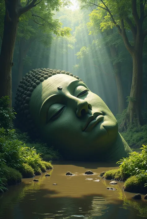  the head of a giant lying like a giant nirvana statue ,  rays of sunlight shining through a narrow  ,  A secluded swamp ,  tree々 space in a dense forest  ,    The muddy water of the marsh and the dense greenery of the forest should shine background ,  The...