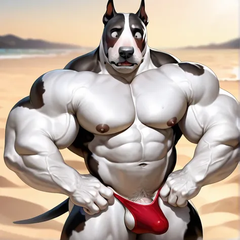 (Front view:1.8), furry male, bara, mature male,
1boy, solo, abs, animal ears, bara, bare pectorals, biceps, white furry, furry male, white bull terrier boy, ears, bull terrier tail, looking at another, embarrassed, huge bodybuilder, biceps, muscular, musc...