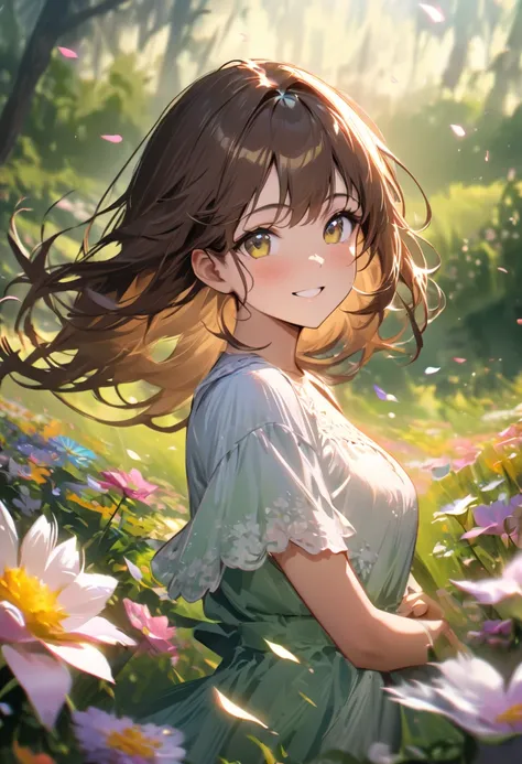 masterpiece,best quality,high resolution,ultra sharp focus,Cinematic Lighting, ethereal light, intricate details,full colored, HDR, UHD,8k.a girl,18 years old ,long brown hair,very cute,smile .Detailed background is beautiful,Flower field, endless blooms, ...