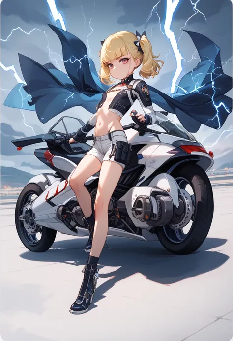 Amidst a stormy night, with lightning crackling across a dark and ominous sky, stands the formidable Thunder Ranger—a fierce yet youthful warrior. Her delicate, loli-like face contrasts with her intense presence, her piercing eyes reflecting the electric f...