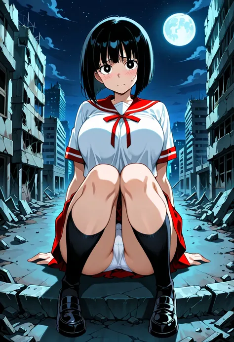 best quality, (anime style:1.3),(1girl,solo:1.2), 1 girl, solo, female, black-eyes, black bob cut hair, big large breasts, white serafuku, short sleeves, schoolgirl, red sailor collar, red ribbon knot, red skirt, white panties, black socks, black shoes, lo...