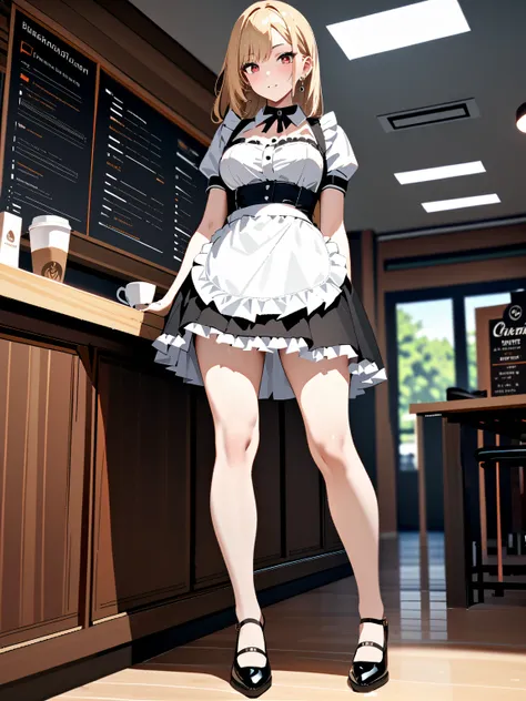 from below, full body,  coffee shop,  maid outfit,  kitagawa marin ,  1girl , blonde hair, long hair, multicolored hair, red eyes, jewelry, earrings, piercing, black choker, masterpiece:1.5, highest quality, UHD, retina, masterpiece, accurate anatomy, supe...