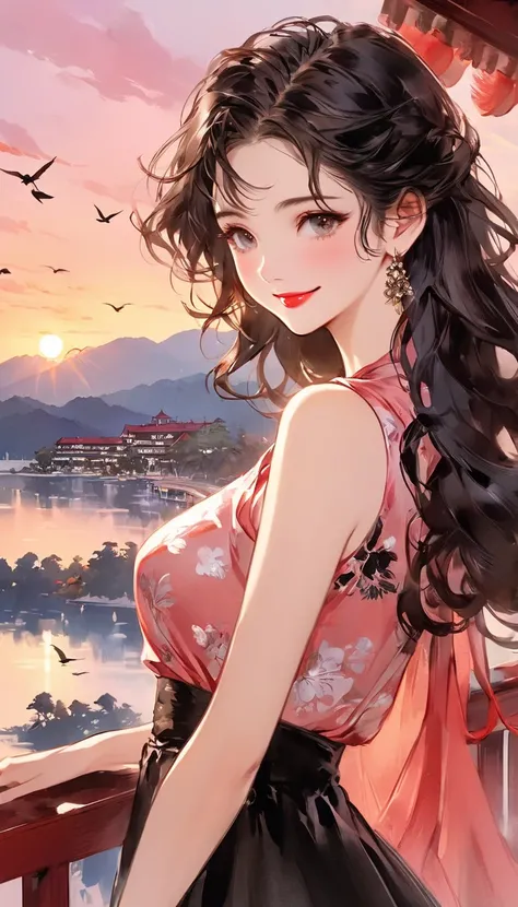  intense ink painting、 top quality、 high image quality、8k、 young and beautiful woman in my eyes、 perfect style、 Perfect face 、 like a beautiful goddess 、 Cute Pink Lips 、 long brownish black hair 、Moderate bust、 ELEGANT DRESS、  Look at Me and Laugh、 natura...