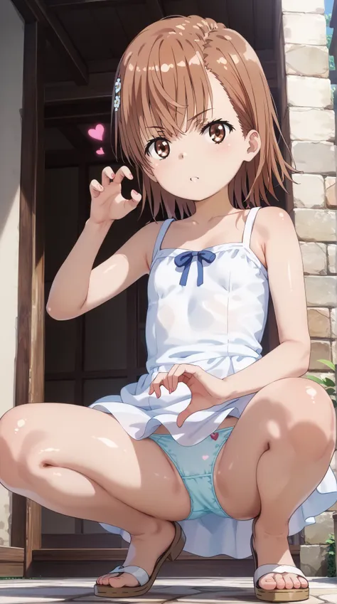 (UHD, retina, masterpiece, accurate, anatomically correct, super detail, high details,      highres, 1080P, 16k:1.3)、 (misaka mikoto:1.3)、 short hair, brown hair、(very flat chest:1.5)、(Shiny skin:1.3)、(sundress, white dress, sleeveless、squatting、claw pose、...