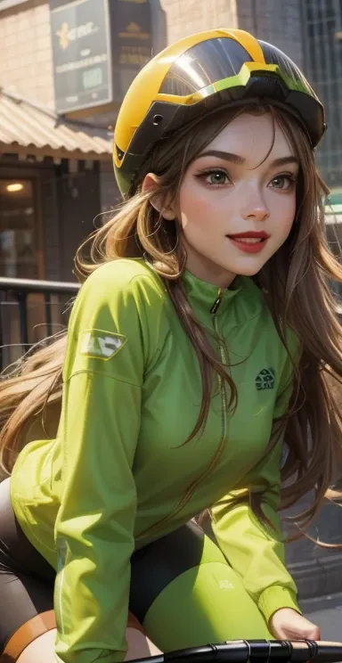 woman , long hair golden brown, normal, she is solo, from alternative world ,best quality, realistic, cycling full green suit and cycling sports black shorts, she is stand , smile, red lipstick , helmet 