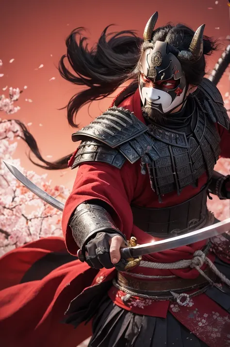 Holding a Japanese sword with both hands
Armored samurai　
Wearing a demon mask
The background is a cherry blossom blizzard