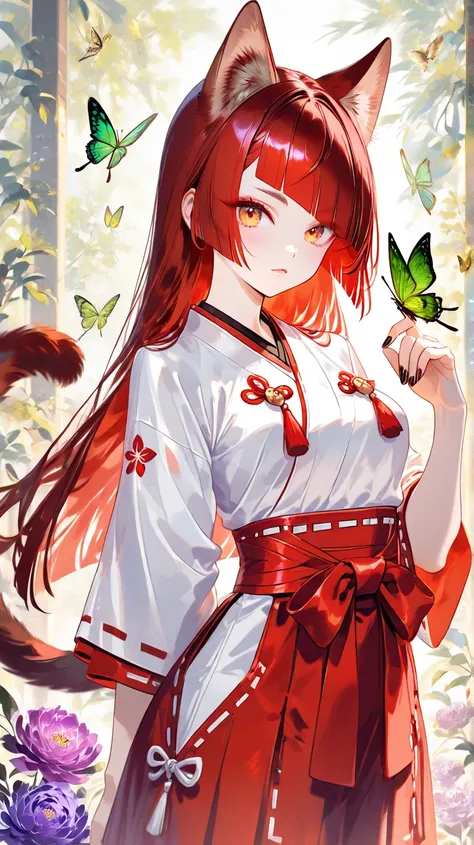  ((  top quality)), (( masterpiece)), (  Details),reddish brown cat ears,Bushy reddish brown cat tail, girl, red hair, diagonal bangs, hime cut, olive skin, big eyes, golden eyes,  metallic green butterfly, purple peony, petites, She wears a big hard jacke...