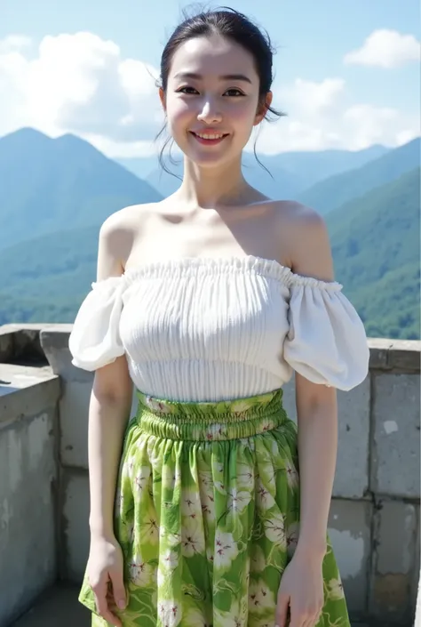 A beautiful Chinese girl wearing an off the shoulder white top and floral green skirt, smiling at the camera with mountains in background, standing on terrace of villa in Yunnan China, blue sky, sunny day, photo realistic, portrait photography, high resolu...