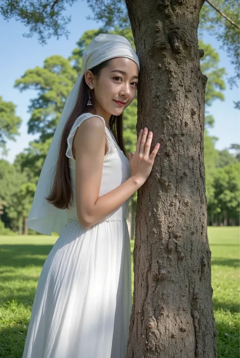 A young, beautiful Japanese woman with long hair and wearing white stands in the forest of Greece, holding onto an oak tree. She has bright eyes and is smiling softly as she poses for the camera. The background features lush green trees under a clear blue ...