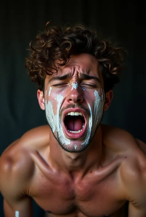 realistic photo of a handsome man brown curly hair shirtless .His face was covered in a white wet paste. he is crying and shouting