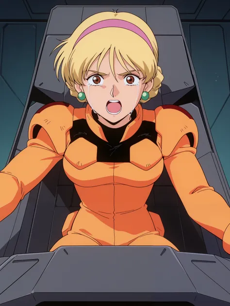 masterpiece, best quality, newest, absurdres, highres, detailed eyes, beautiful, detailed background, perfect eyes, anime coloring, anime screencap, 1990s \(style\), 1girl , Alone, KATEJINA'S STORY. blonde hair, short hair, single bun, french braid, pin...