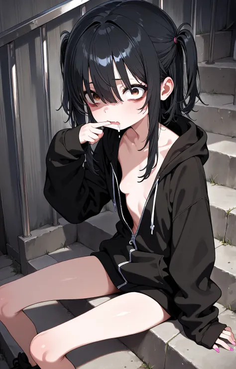 sfw,gyaru,solo loli_girl,black hair,small breast,skinny,exhausted,mouth drool,own fingers in mouth,hoodie,Widening one’s eyes,looking at viewer,sitting on stairway,front side