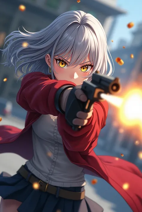  anime style、 cool high school girl with a sword in her right hand、 Bob Hair、 silver hair、 golden eyes、Fire a handgun、 new look、shell casings scatter 、The moment you fire