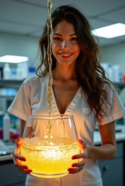  full body ,  seen from above "POV Brunette woman  , ropa de  nurse sexy , neckline  , long  disheveled hair ,  smiling with open mouth ,  nurse , holding a large glass container  , a stream of golden champagne falls from above into the bowl ,unbuttoned dr...