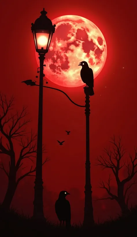 A dark, atmospheric digital painting featuring a tall vintage street lamp glowing with a soft, eerie light against a deep red sky. The full moon, partially obscured by the lamp, creates a striking silhouette effect. A black bird with sharp features perches...