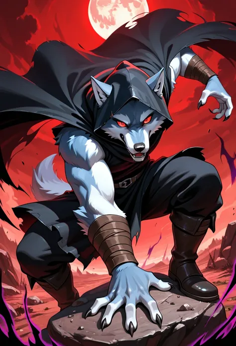 wolf \(cat in puss\), furry, male, adult, dynamic action pose, claws, crazy face, looking at viewer, black hood, black tunic, wasteland, on top of a rock, red sky, moon, red eyes, dark aura around, puss in boots backwards looking at wolf, cowboy shot