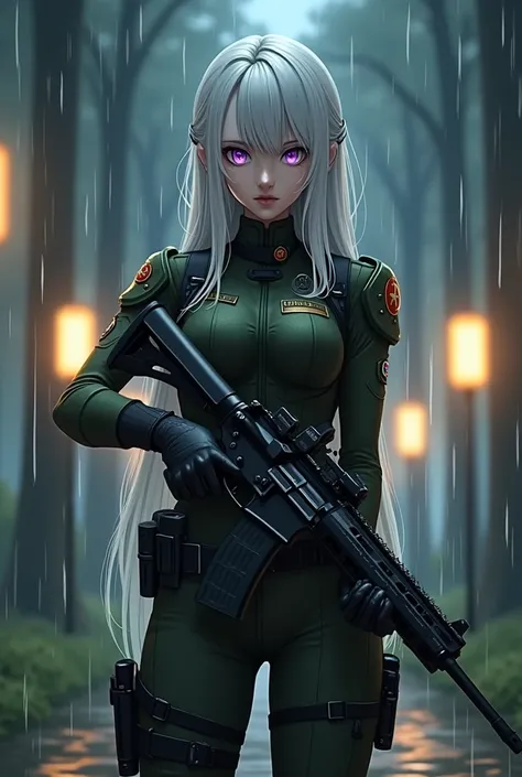 silver-white hair and piercing violet eyes. She wears a dark green military uniform, reinforced with armored plating and embedded tactical systems. And make sure she has a army hat and she has several badges and he has no leggings but her army uniform top ...