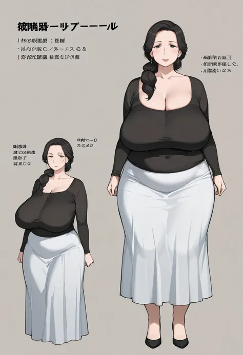 plump woman, mature female, white skinned mature female, black mother hair, saggy breasts, huge breasts, mother clothes, long skirt, cleavage, character sheet