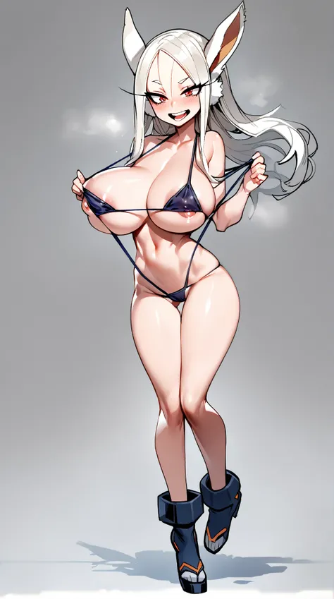 Mirko from my hero academia, beautifull, full body, smile, wearing a thin bikini, High Resolution, Blush, exposing her thighsher nipple bumps were slightly visible, Open Mouth, Animal Ears, Pahanya cukup besar