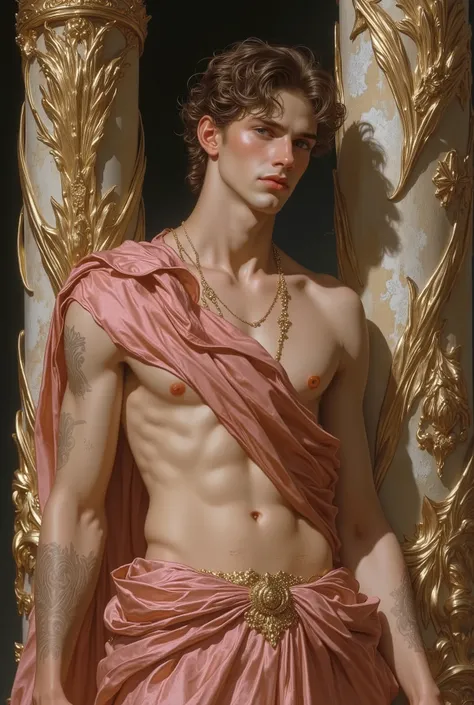 an elegant greek man, age 18, digital painting in the style of Robert Liberace, serenely posed, Beauty Copper, Mid Length Curls hair with Beard, male, very young, Handsome, standing between two ornate columns, wearing a rich pink loincloth, fantasy, intric...