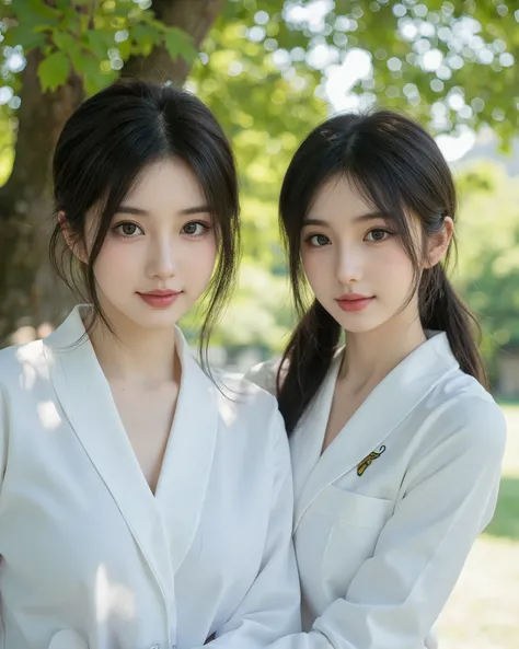  Japanese Girls 、((()))、 dark eyes、 big smile、 hairstyle is half up、 black hair、(( white sailor suit))、((( under the shade of a tree)))、 natural light、Insect&#39;s Eyes、 Masterpiece