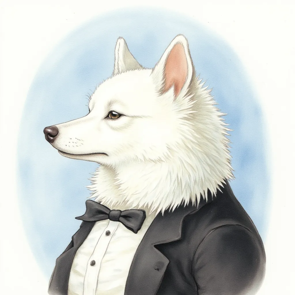 white spitz in a tuxedo,The body faces to the side ,  big face,  turn your gaze here,  simple light blue background, Impressionism,    top quality,  close your mouth,  Lower Their Argues , Solemn, Chest Circumference, Artistic, Baroque,  watercolor, portra...