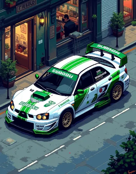 Subaru Impreza concept car 2006 tuning white and green, retro game style artwork, Subaru wrc with pixel details, detailed, city texture in pixel art, isometric perspective, color palette, atmospheric pixel effects, detailed character stance, nostalgic gami...