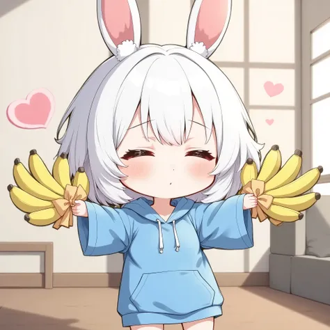 Sleepy little character wearing a blue wide-fit knee-length hoodie,look at viewer,She is standing in the center of the screen. She is holding a bunch of bananas in both hands,extends arm and presents bananas to viewers,The bananas are present wrapped in br...