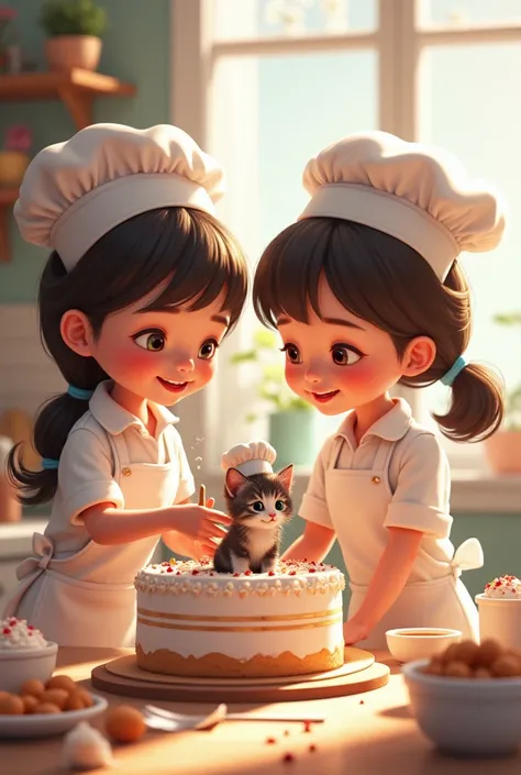  Two girls dressed as pastry chefs with a lead kitten wearing a chef's hat, making a cake together 