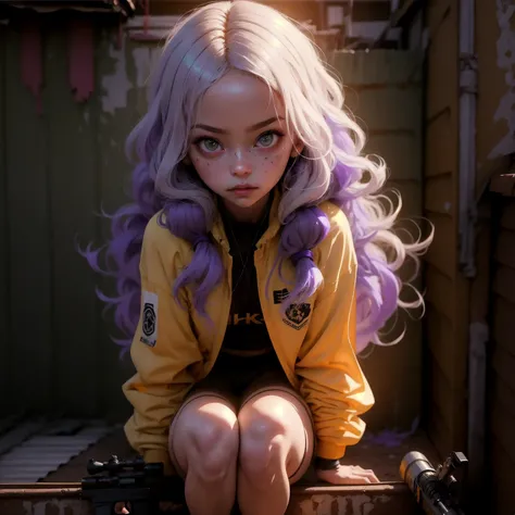 masterpiece, best quality, good quality, very aesthetic, absurdres, newest, 8K, depth of field, focused subject, 1girl, kneeling on rooftop, purple messy long hair with bob-like layers ,trigger discipline, sniper rifle, in the style of cknc, in the style o...