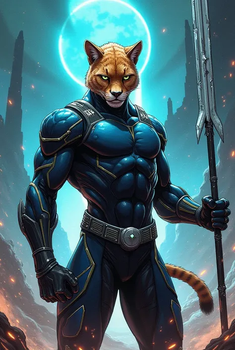 Comic: male space warrior as a cheetah with black/blue attire, and wields spear