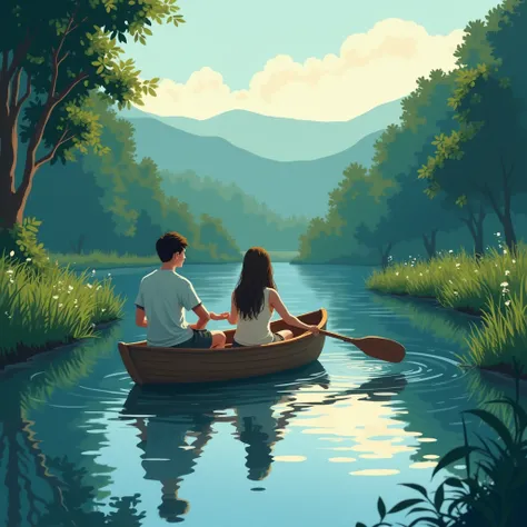 There was forest and a stream.The young man and the lady are riding a boat.Hill, Evening  and blue sky are used as background.The image is Natural.