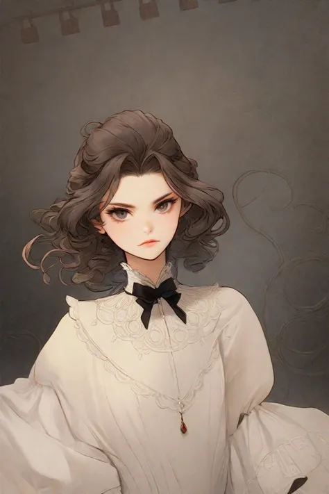 Cute Victorian style girl with curled back hair and dark eyes англичанка