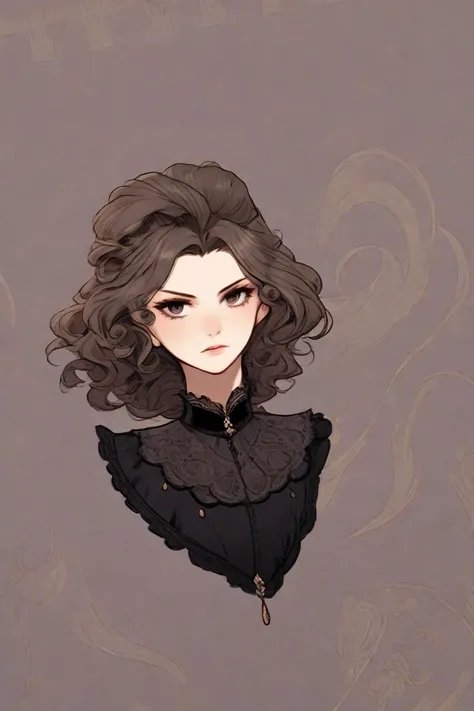 Cute Victorian style girl with curled back hair and dark eyes англичанка