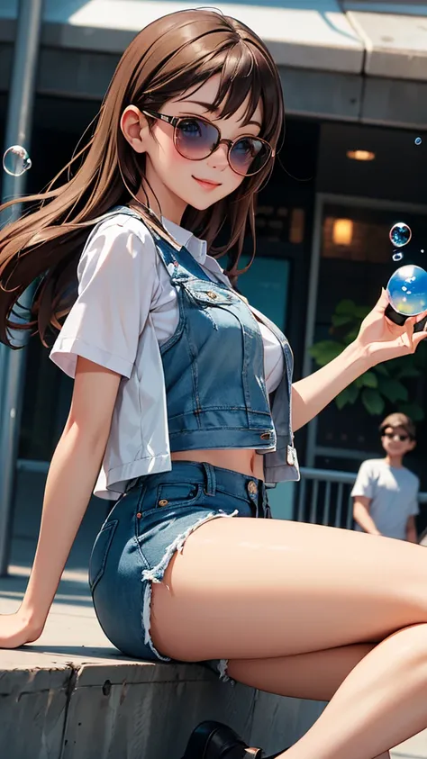  Close-up portrait of a beautiful young lady ， showing a cool atmosphere ，Smile brightly。 She has long and wavy golden hair， light olive skin ， wearing sunglasses ， wearing a white vest and denim shorts ， Skating a straight wheel down the streets of Los An...