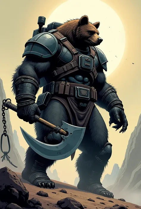 Comic: male space warrior as a grizzly bear with black/gray attire, and chained-sickle