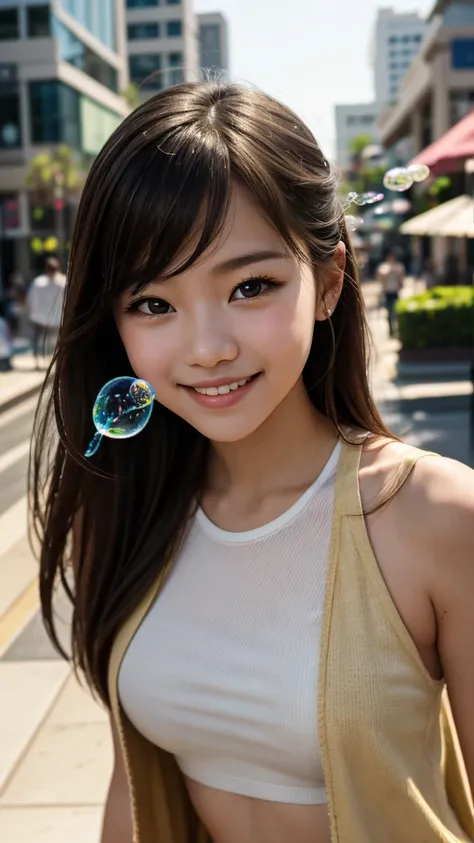  Close-up portrait of a beautiful young lady ， showing a cool atmosphere ，Smile brightly。 She has long and wavy golden hair， light olive skin ， wearing sunglasses ， wearing a white vest and denim shorts ， Skating a straight wheel down the streets of Los An...