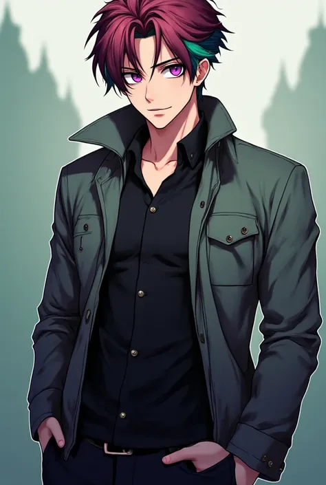  Anime boy, Medieval style, Red hair with green tips, violet eyes , grey jacket ,  muscular ,  black pants ,  black shirt,without gloves