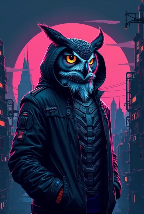 Logo for a thrift shop named “Sage Thrift” owl in a cyberpunk art that is wearing a hoodie add the ”Sage Thrift” in the chest part of the owl