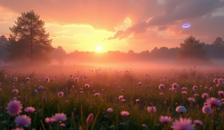  Photorealistic ultra HD graphics : Biebrzański Park Narodowy latem,  during sunset . Rzeka leniwie meandruje przez rozległą,  flowery meadow .  delicate ,  milky mists ,  On the horizon float delicate .  illuminating the space with pulsating {x} No people...