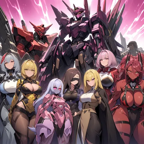 Anime, high detailed, multiple womans, mature womans, mecha armor, large mechanical wings, "Automotive-like" details on their mecha armors, blindfold (They're all using blindfolds), serious, large clawed Gauntlet, red skin, curvy body, long mechanical tail...