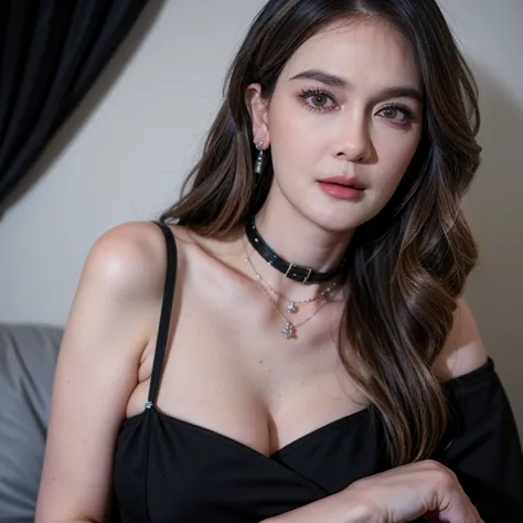 ((((bbw )))) Masterpiece, High Quality, Alone,  best quality, ultra high res, ( photo realism :1.4),   1girl  , kemeja putih off-shoulder,  black tight skirt , black choker necklace, (faded ash gray hair:1), ( big boobs:1.2), looking at viewer,  closeup 