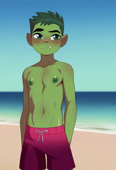 masterpiece, best quality, very aesthetic, absurdres,
1boy, beastboy, green hair, short hair, green eyes, green skin,
standing,
topless, fang, swim trunks, looking at viewer, solo, sea, sand, blue sky, beach background,    Nipples, dark, green nipples, dar...