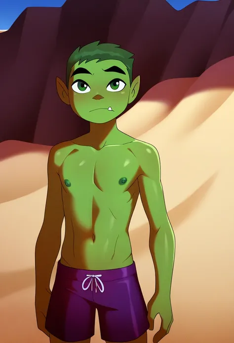 masterpiece, best quality, very aesthetic, absurdres,
1boy, beastboy, green hair, short hair, green eyes, green skin,
standing,
topless, fang, swim trunks, looking at viewer, solo, sea, sand, blue sky, beach background,    Nipples, dark, green nipples, dar...