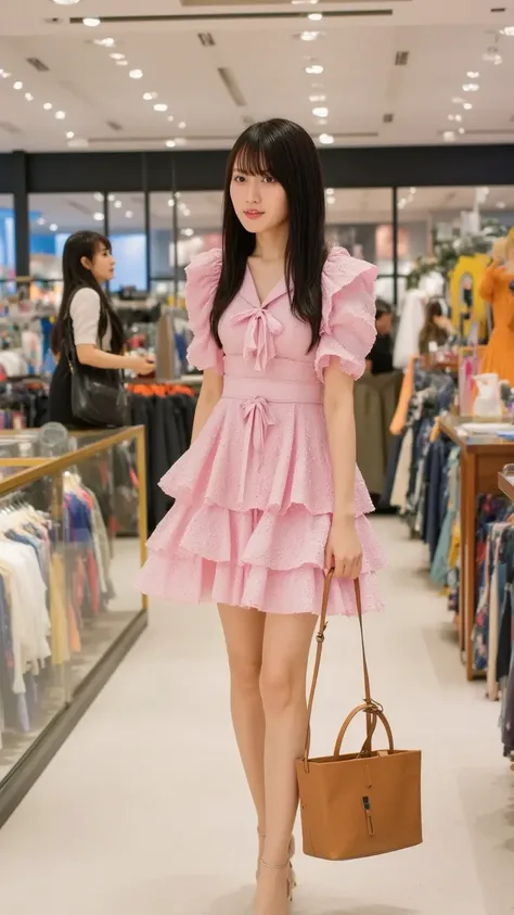 「A cute 、 bag from a brand shop in her hand is shopping in an upscale department store。Wearing heels、 woman wearing an off-the-shoulder pink dress with a 、 walking gracefully 。」